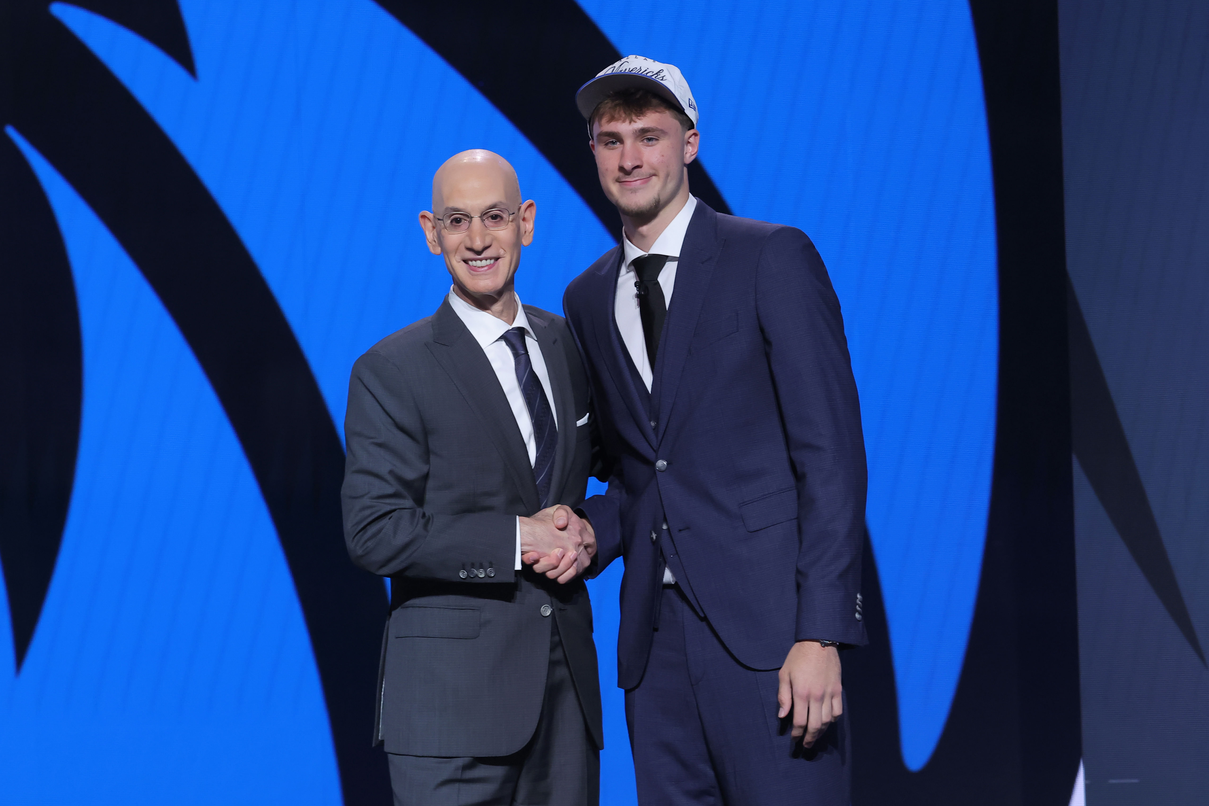 Cooper Flagg poses with NBA commissioner Adam Silver after being selected as first overall by the Dallas Mavericks in the first round of the 2025 NBA Draft at Barclays Center. Photo: Imagn